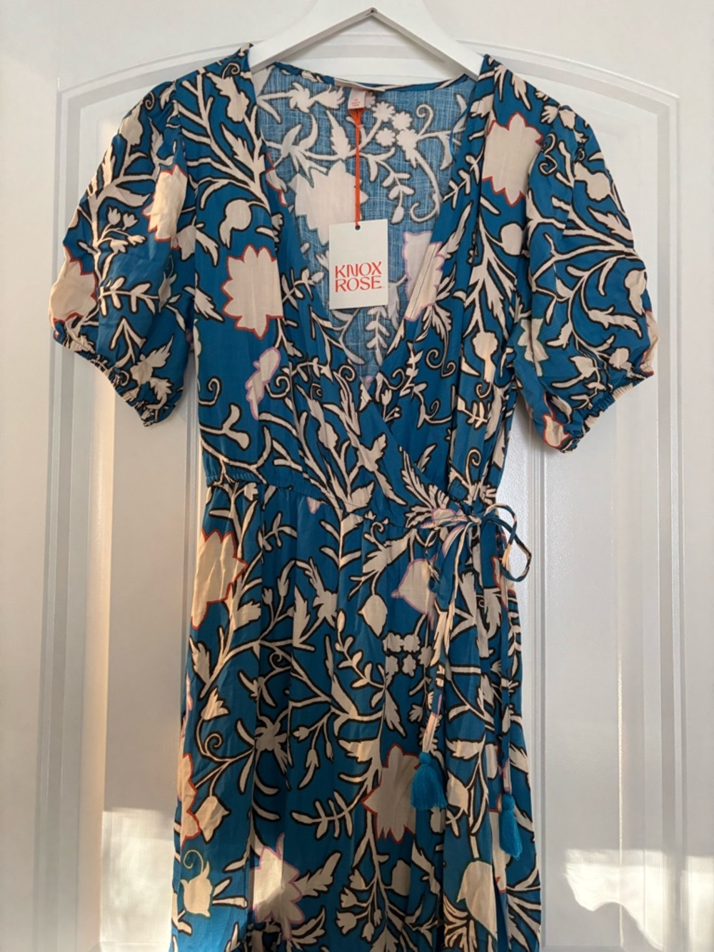 Knox Rose Teal Floral Wrap Midi Dress with Cream Accents